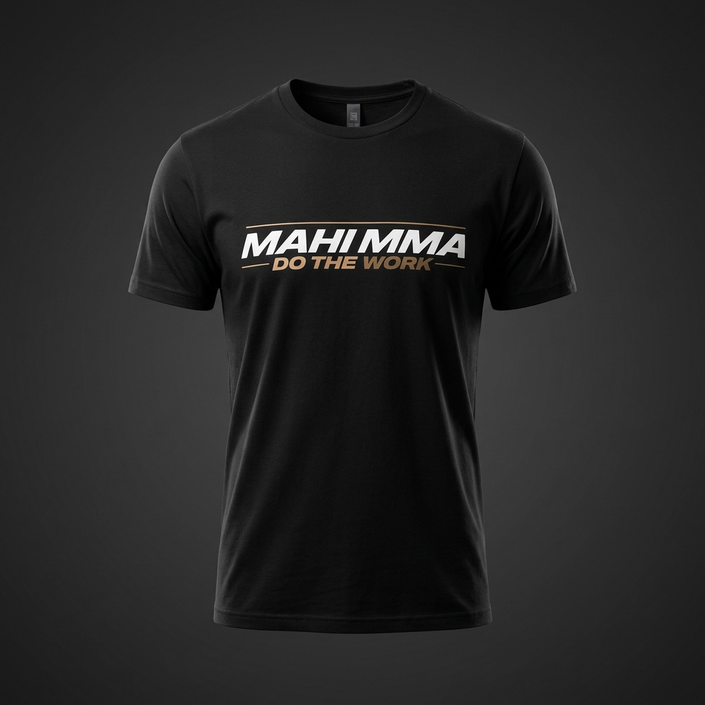 MAHI MMA — Do The Work T-Shirt, Front Print design. Jet black tee shown on an invisible mannequin against a dark charcoal studio background, with the MAHI MMA / DO THE WORK graphic printed horizontally across the chest.